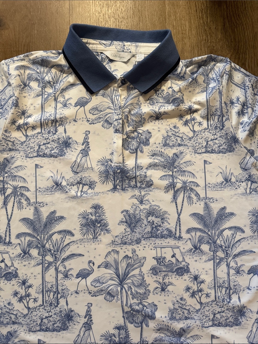 Walter Hagen NEW golf polo with a blue and white toile tropical golf print XXL